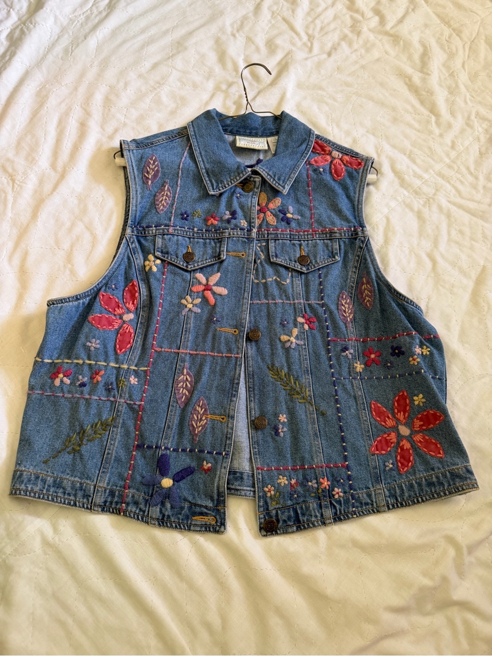 Susan Bristol Embroidered Denim Vest in Blue with Pink, Purple & Yellow Flowers